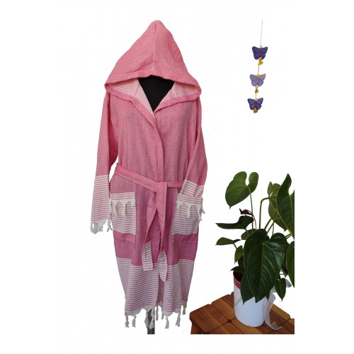 Peştemal Bornoz , Pembe , %100 Pamuk , Kareli Desen Peştemal Bornoz , Pembe , %100 Pamuk , Kareli Desen